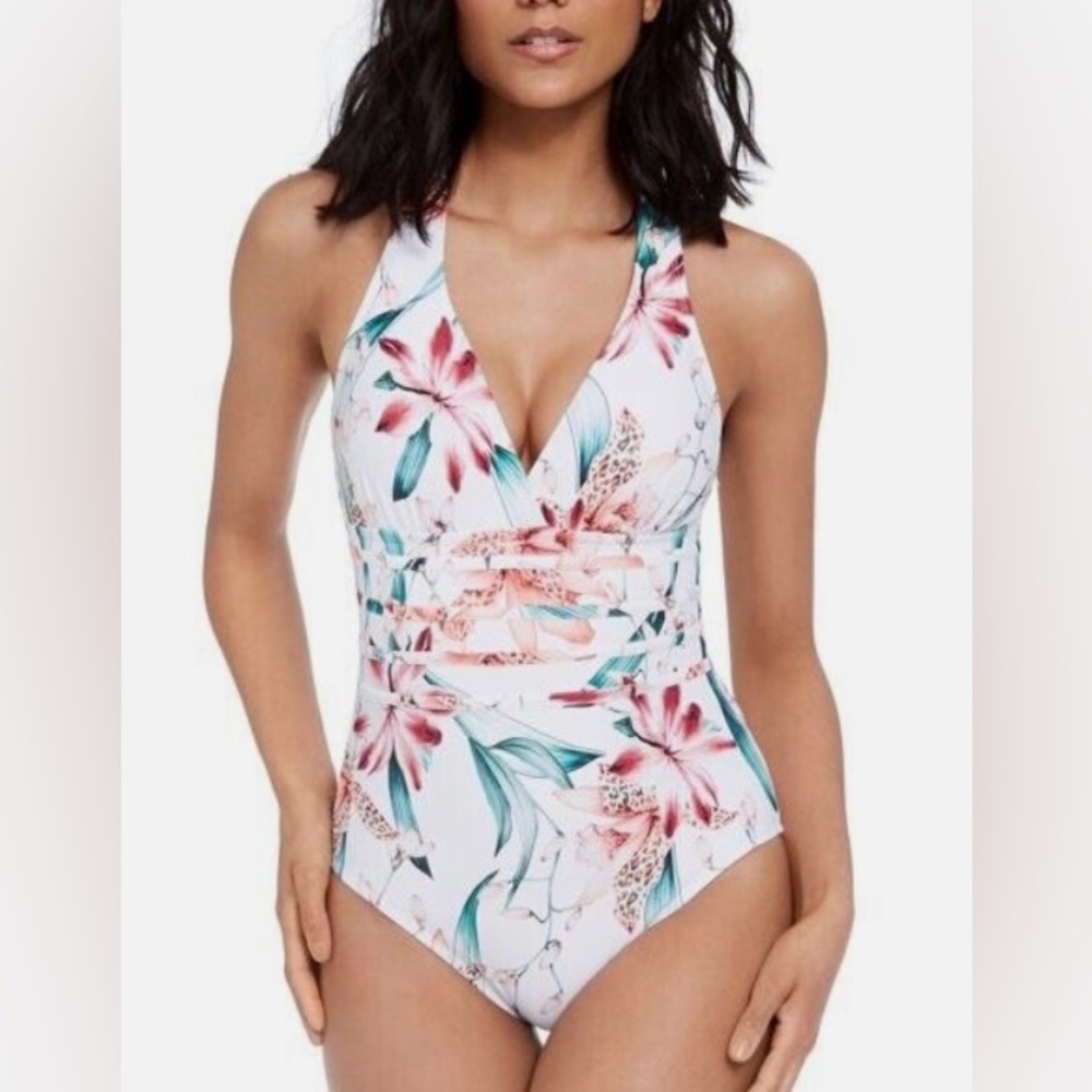 La Blanca Fly Away Orchid Cross Back One Piece Bathing Suit, Size 12